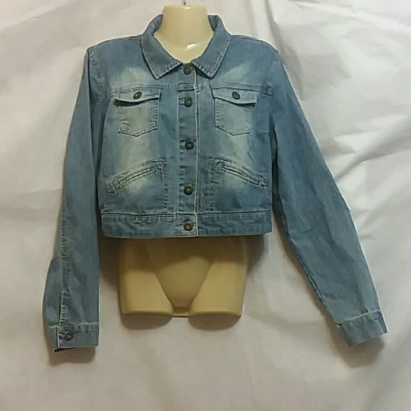 Taxi Jackets & Blazers - Taxi Womens Large Blue Jean Jacket Y2K Cropped Stretch Denim Boho